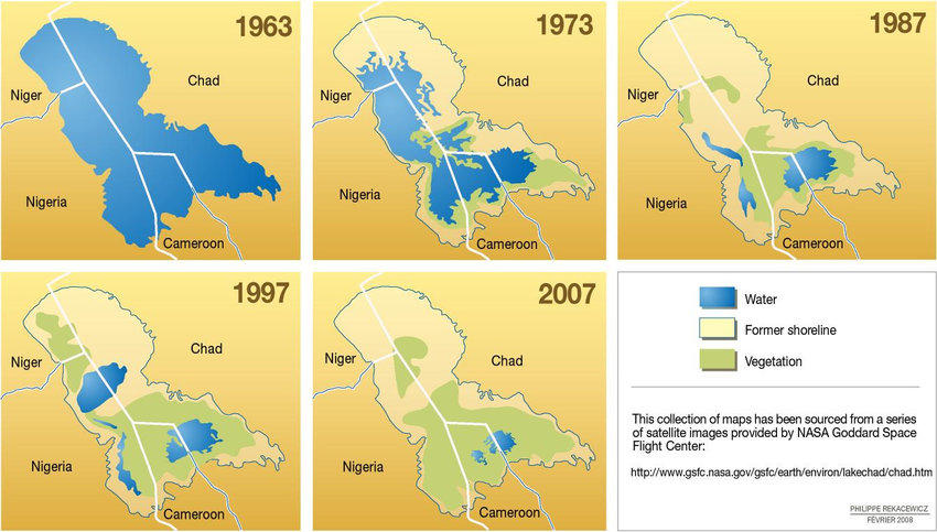 Desiccation of the Lake Chad between 1963 and 2007 (source: Rekacewicz 2008)