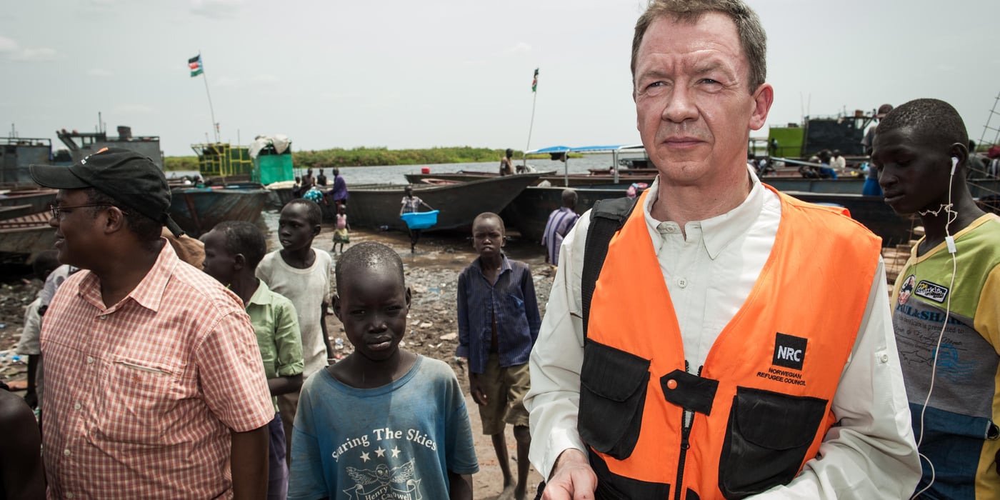 Jan Egeland and Idar Kreutzer at an UNMISS base, hosting IDPs, in Juba. Marte Graff Jessen at an UNMISS base in Juba. Many people were displaced following the internal conflict in South Sudan that began in December 2013. Photo credit: NRC/Christian Jepsen February 2014