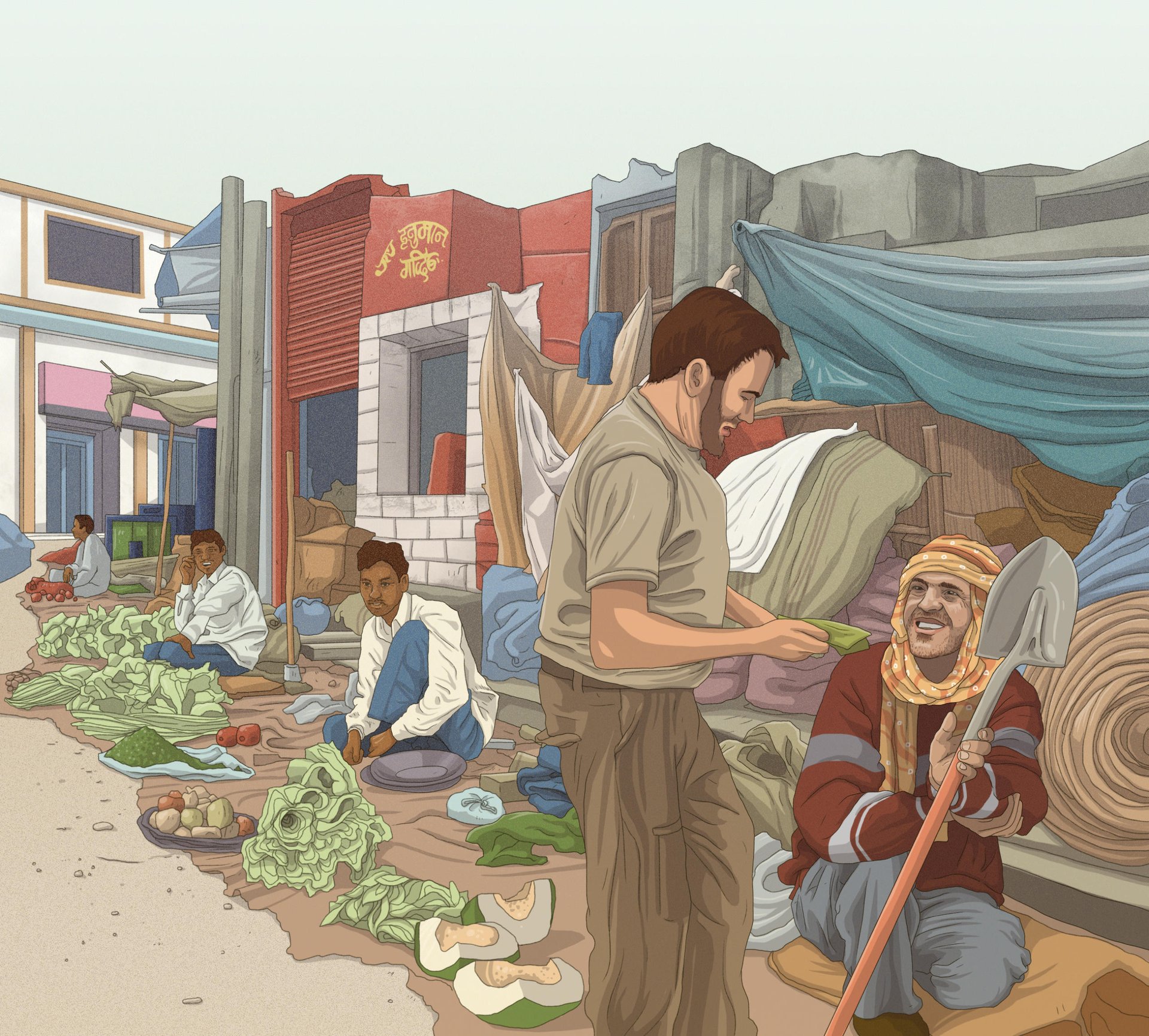A market scene, where people are sitting on the street selling fruits, vegetables and tools.