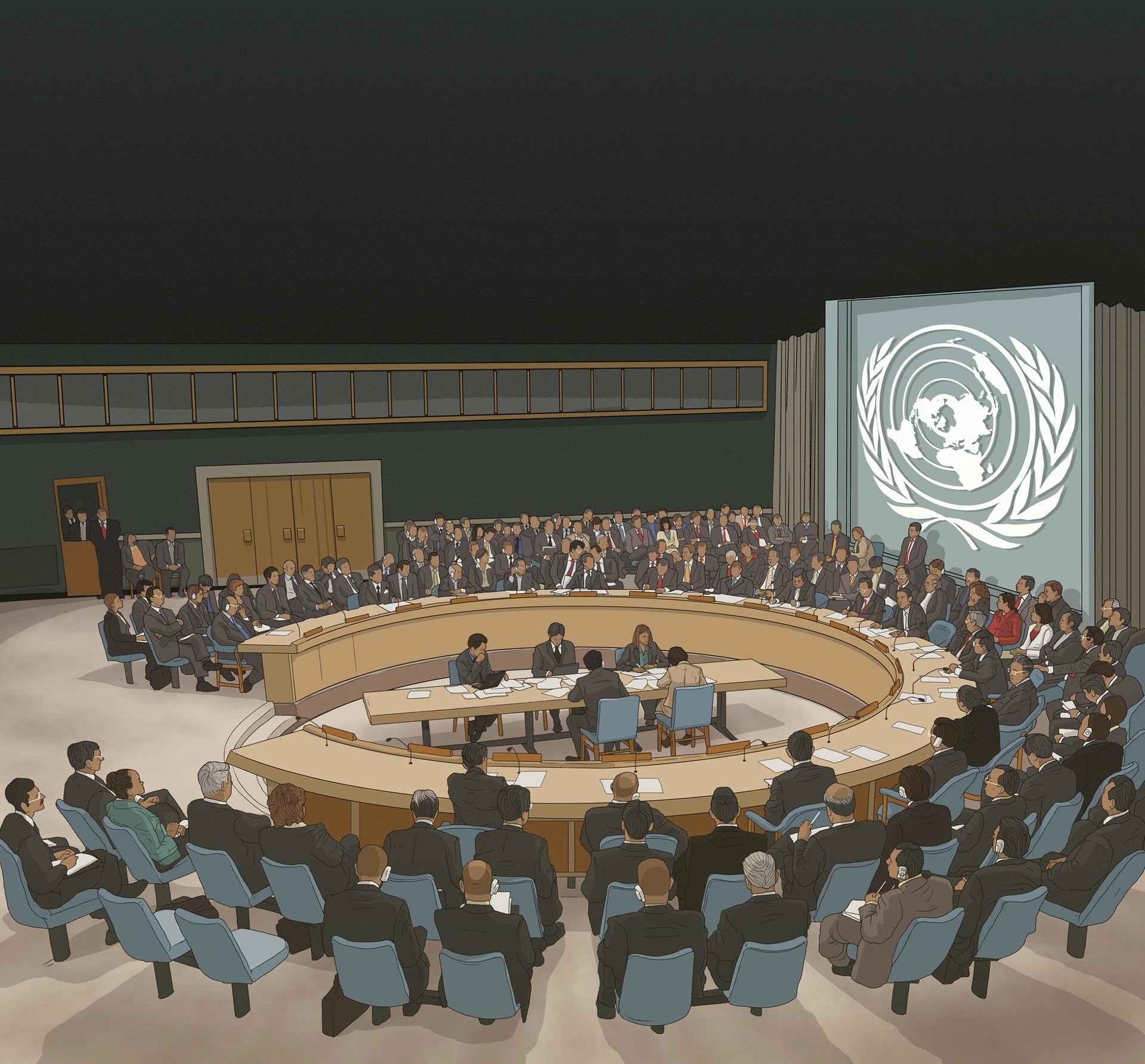 A scene from a meeting in the United Nations.