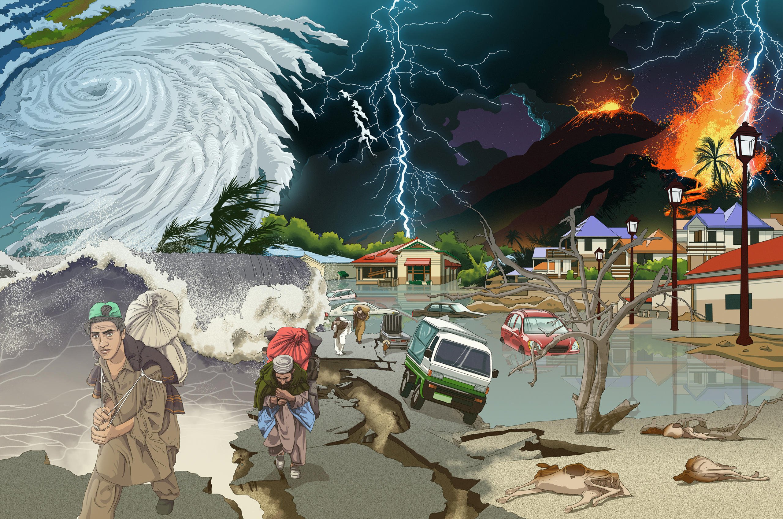 A composite scene, where people are fleeing from hurricanes, tsunamis, thunder storms, drought and volcano outbreaks.