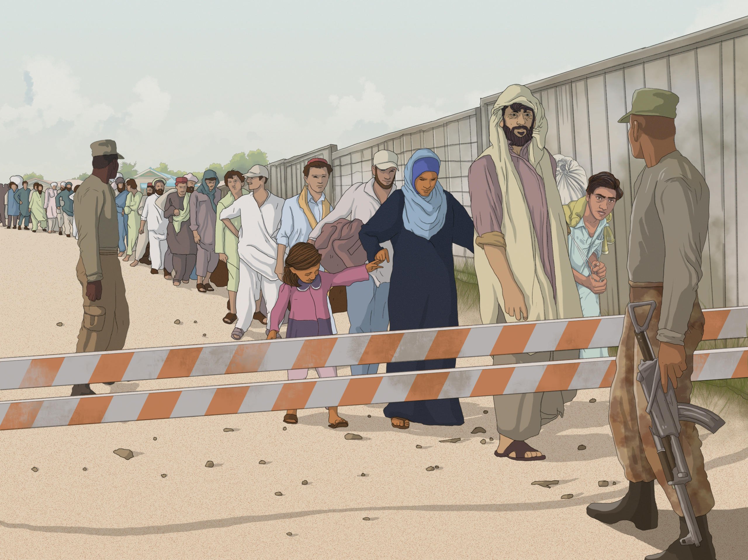 A checkpoint scene. Families are waiting in line to cross the checkpoint. The guards are holding guns.