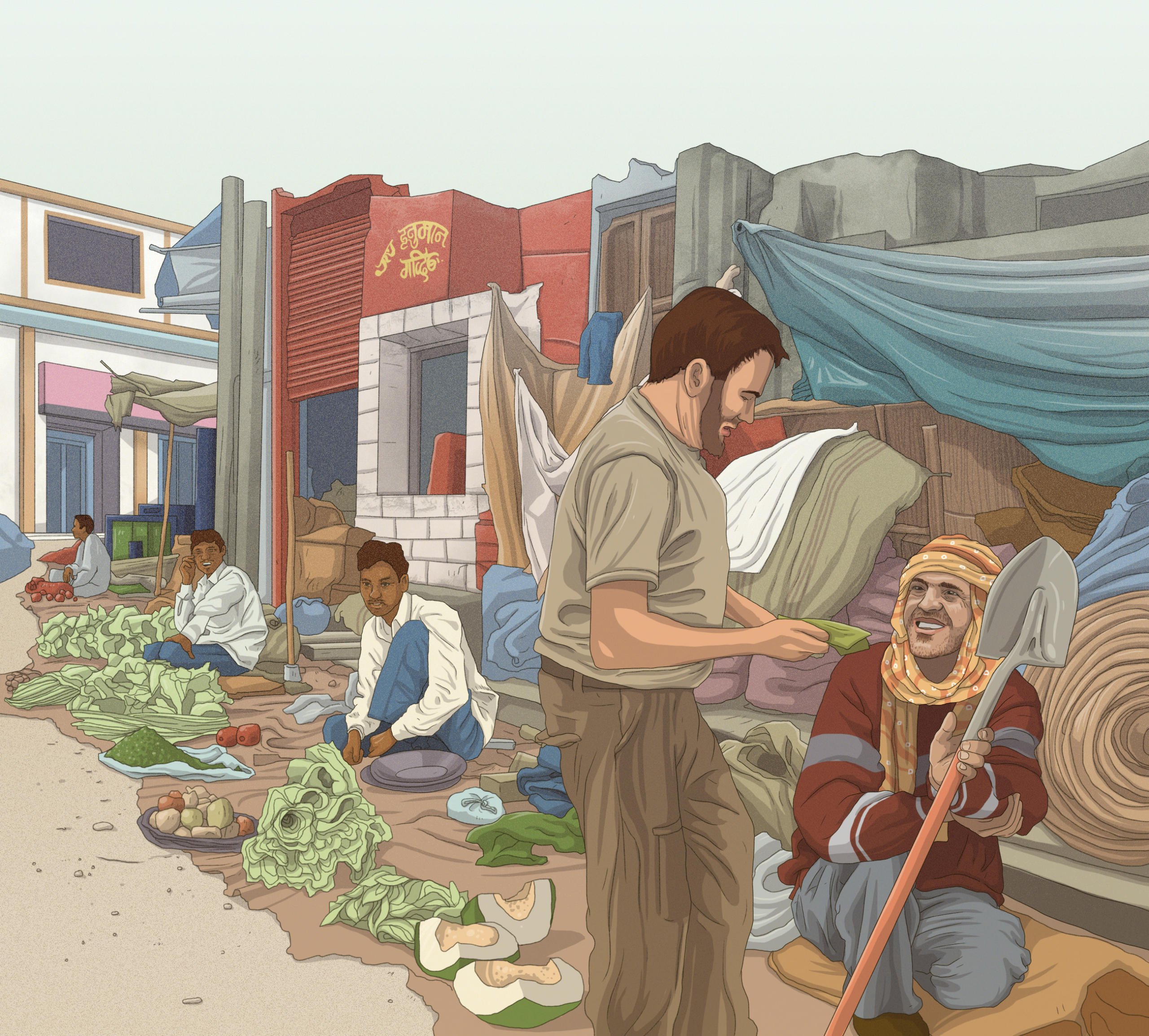 A market scene, where people are sitting on the street selling fruits, vegetables and tools.