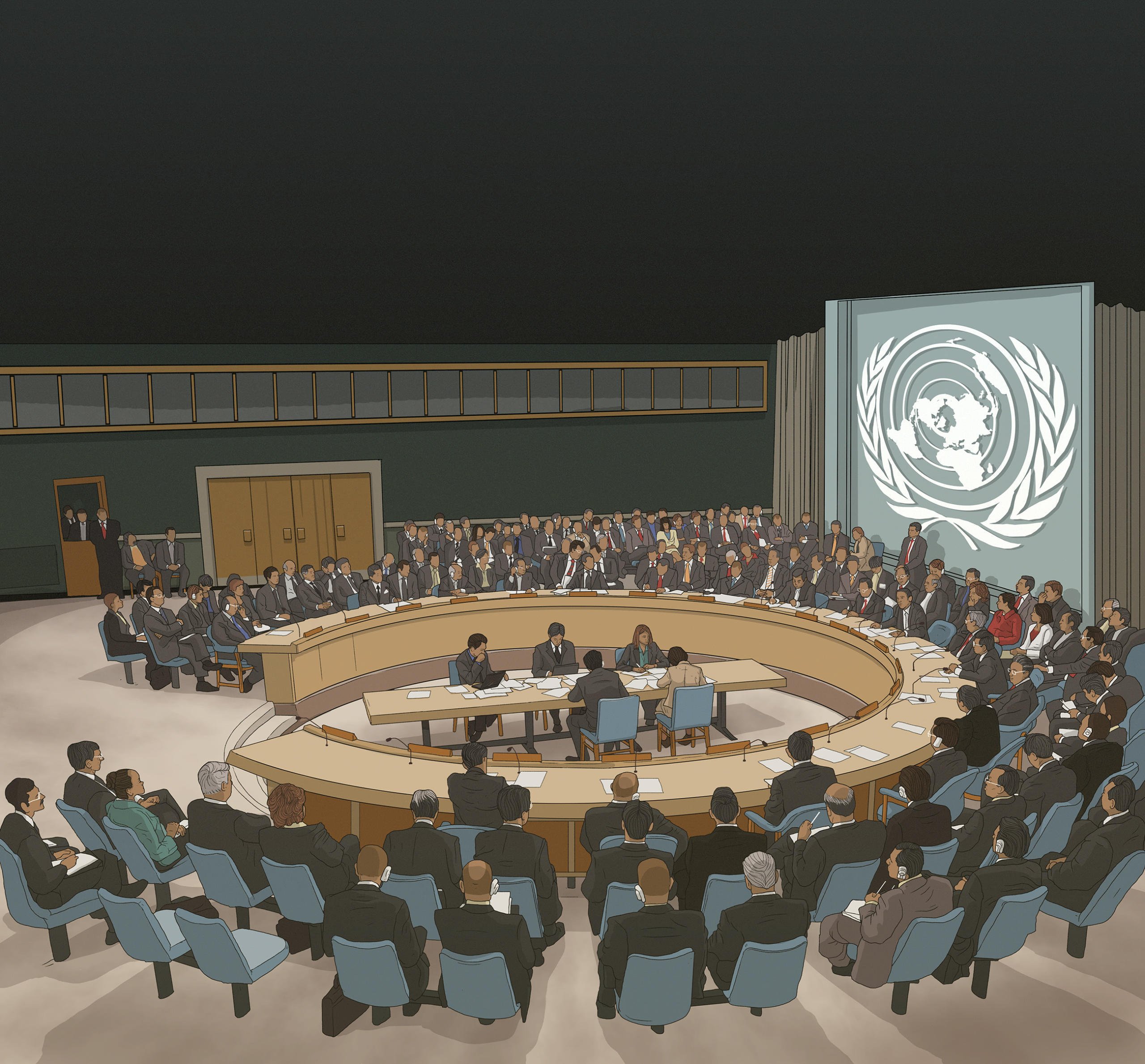 A scene from a meeting in the United Nations.