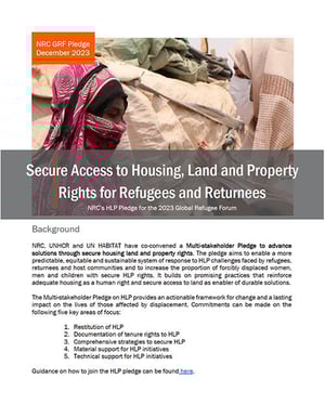 Front page of NRC's 2023 Global Refugee Forum pledge on HLP.