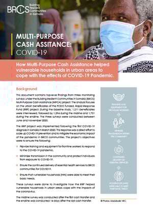 Front page of the "Multi-purpose cash assistance: Covid-19" report. It shows a man wearing a face mask.