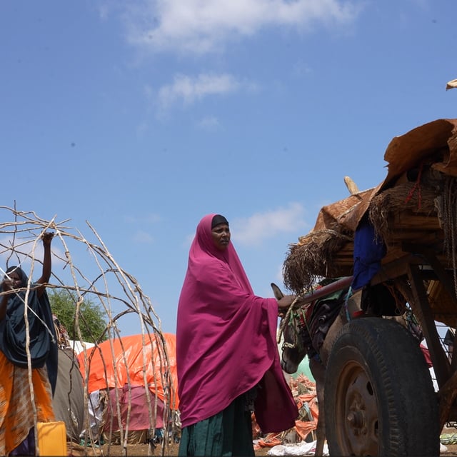 En kvinna i ett flyktingläger står bredvid en åsnekärra.