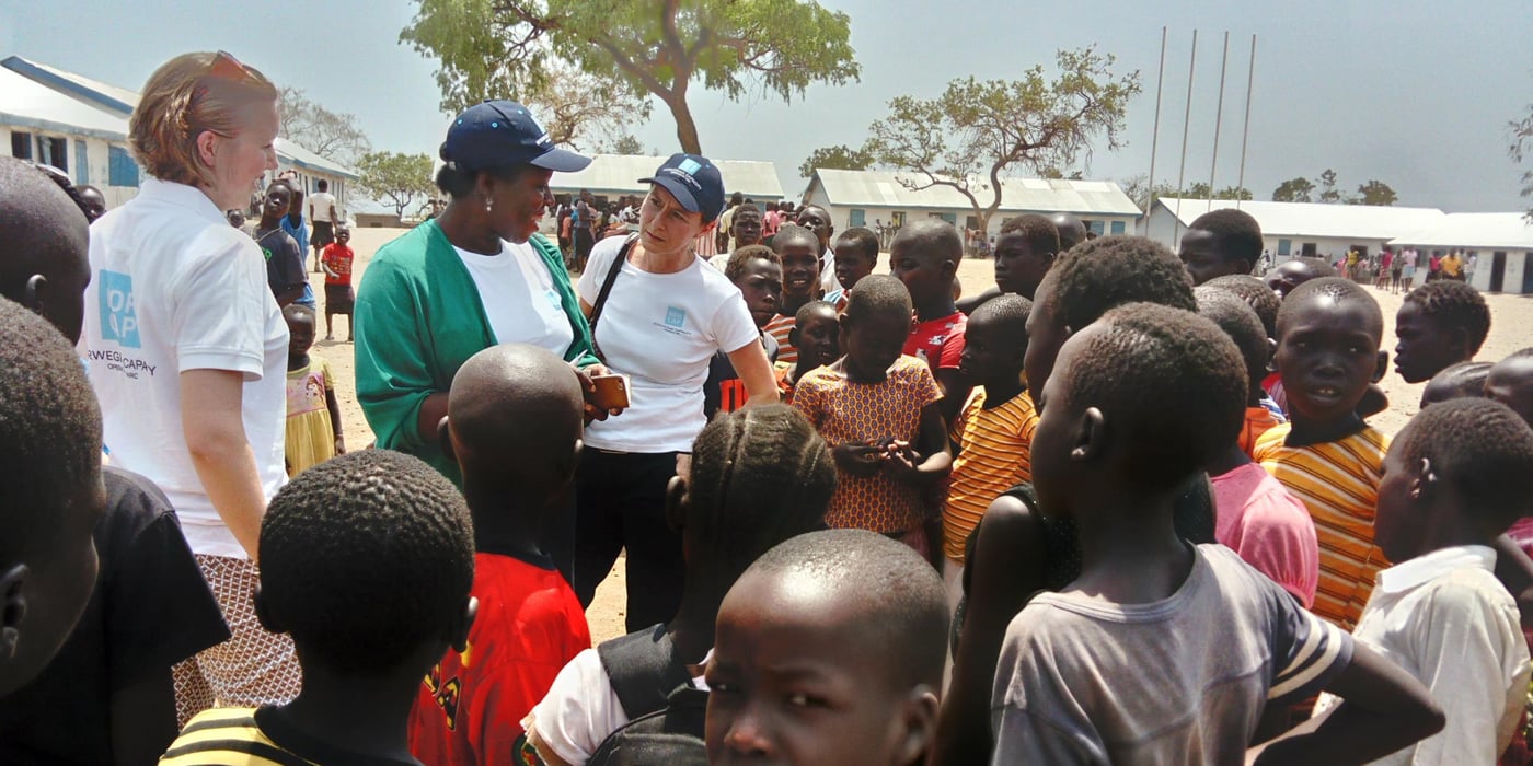 NORCAP Head office staff, Elise Luhr Dietrichson, Helen Kape Peters and Eirin Ulleberg visiting a refugee camp in northern Uganda, 2018. (Photo: Emile Ntempera/NORCAP)